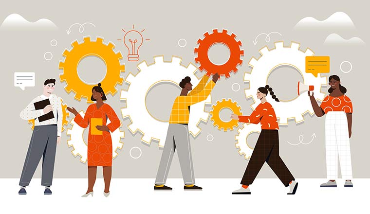 Concept of work operations and teamwork productivity in illustration of characters assembling cogwheels together at work