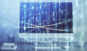 Double exposure of computer and technology theme hud.