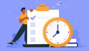 Time concept with clock and person with checklist