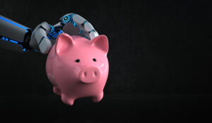 Banking and AI concept with robot arm holding piggy bank