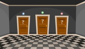 Cartoon "choose a door" concept. Empty room with three doors