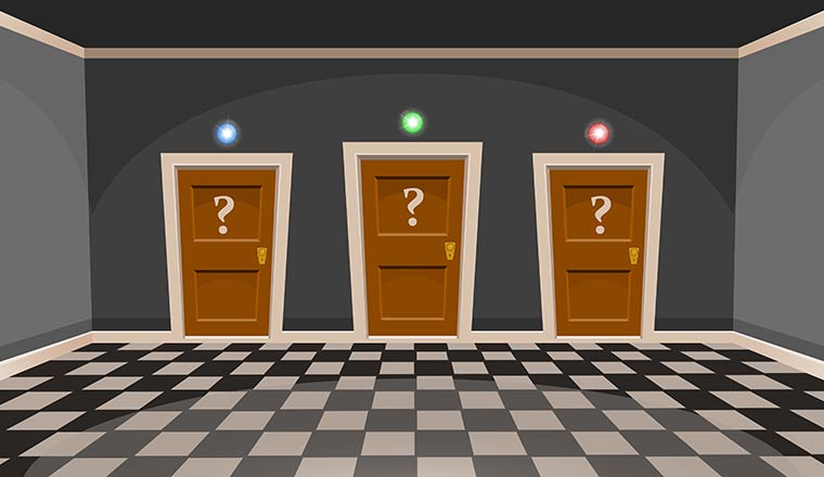 Cartoon "choose a door" concept. Empty room with three doors