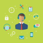 Illustration concept of call center with operator in headset and icons around them
