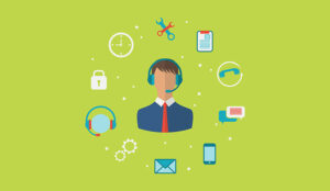 Illustration concept of call center with operator in headset and icons around them