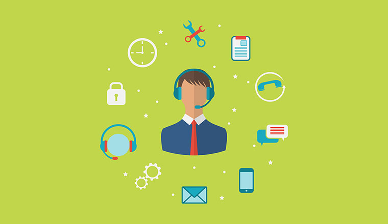 Illustration concept of call center with operator in headset and icons around them