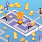 Gamification illustration with paths rewards and trophy