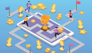 Gamification illustration with paths rewards and trophy