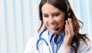 Healthcare call centre concept with a doctor in a headset