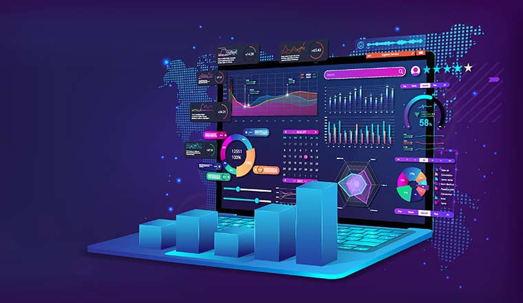 Performance monitoring concept with graphs and charts on laptop