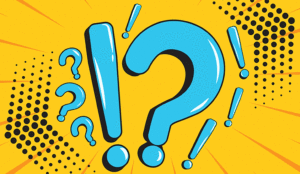 A comic book with question marks and exclamation point on a yellow background