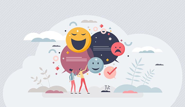 Sentiment analysis illustration with people and speech bubbles