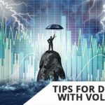 Volatility management concept with person with umbrella in front of charts with lightening