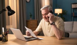 Person talking on phone with documents in hand