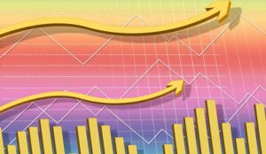 A graph showing data with spikes and falls with two arrows