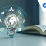 Lightbulb with icons and book - knowledge management