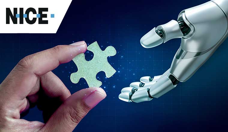 A robot hand receiving jigsaw puzzle piece, giving from human - technology to enhance CX concept