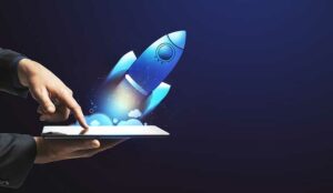 Hand launching digital rocket from tablet - using ai for a boost concept