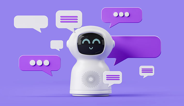 Chatbot illustration with white robot surrounded by chat bubbles