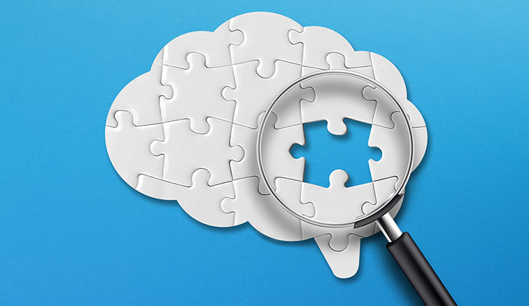 Brain shaped white jigsaw puzzle on blue background. Searching missing piece of the puzzle