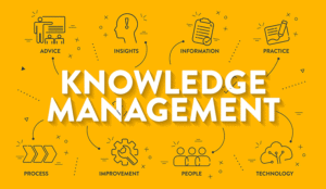 Knowledge management systems or KMS illustration representing systematic process of advice, insights, information, practice, process, improvement, people and technology.