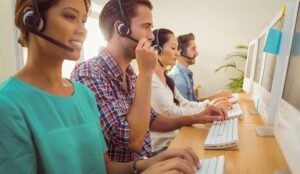 Call centre agents sat in a row