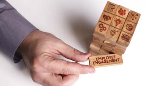 Employee engagement on block stacks with icons