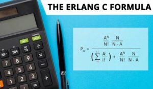 A black calculator with pen on solid blue background with the erlang c formula