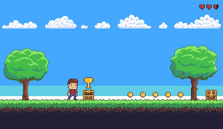 Pixel art game scene with ground, grass, trees, sky, clouds, character, coins, treasure chests and 8-bit heart