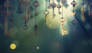 A conceptual image with hanging keys and one shining key.