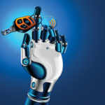 robot hand holding car keys on blue background