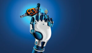 robot hand holding car keys on blue background