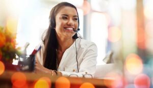 Call centre worker smiling