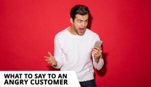 Picture of angry person in sweater screaming at smartphone over red background