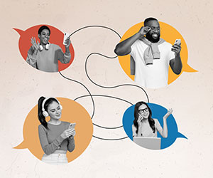 People in speech bubbles with different contact devices