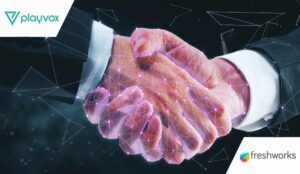 polygonal businessmen handshake on blurry dark background.