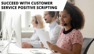 Call centre worker looking at script and smiling