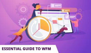 WFM Guide illustration with person with clock people and calendar / workflow