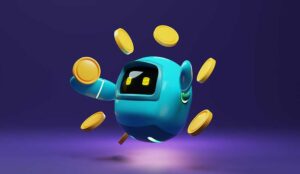Robot with coins in a circle around it