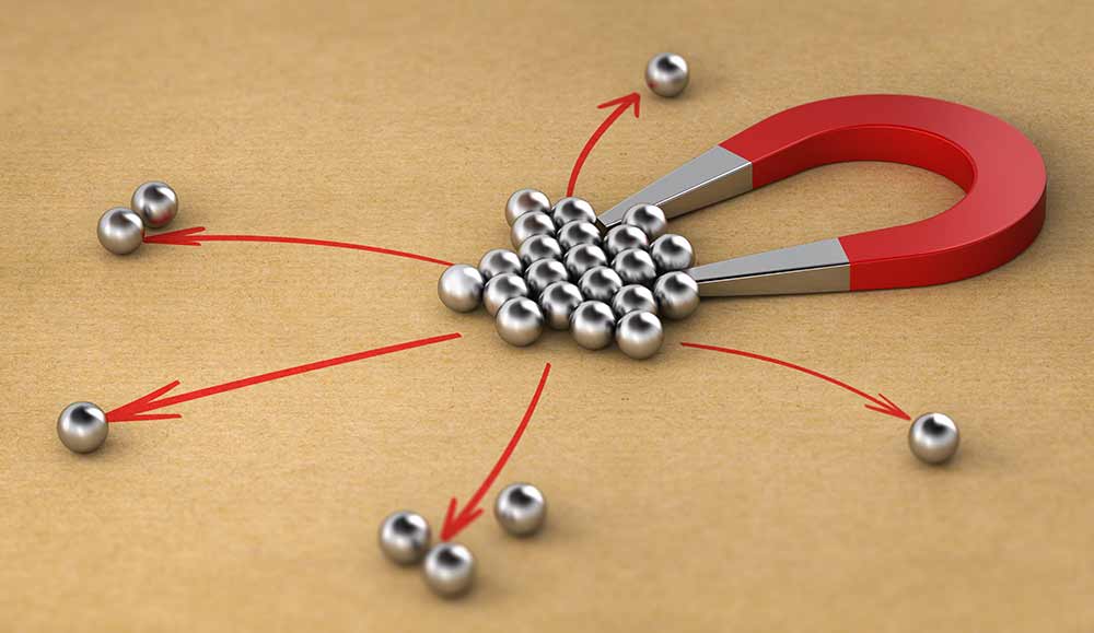 Customer churn concept with magnet and ball bearings