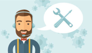 An operator man with headset customer service heldesk service with screwdriver and combination wrench inside bubble.