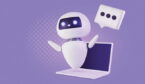 3d bot with speech bubble floating above the laptop