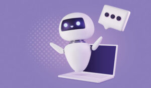 3d bot with speech bubble floating above the laptop