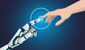 Human hand and robot hand touching a circle in the middle of a screen