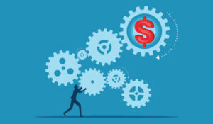 Businessman connecting gears and generating money.