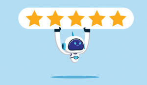 Robot holding up 5 stars vector
