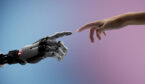 Robot hand pointing to touch a human hand