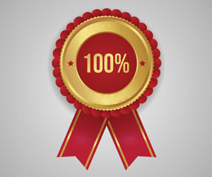gold badge with red ribbon