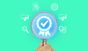 quality icon inside magnifying glass with data symbols around the outside