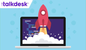 Rocket launching through a laptop screen with software on it