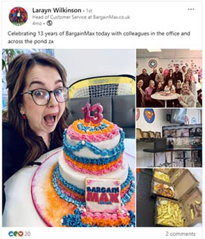 Larayn Wilkinson, Head of Customer Service at BargainMax celebrating anniversary